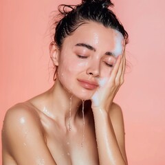 Naklejka premium european woman washing her face with clean water. On a flat color background generative ai art
