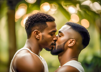 Close up of two black african gay man in a romantic passionate situation tete a tete. Two handsome homosexual men in relationship. Blurred bokeh background. - 756778156