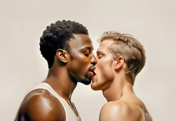 A black and a white gay man in a passionate kiss. Two handsome homosexual men in relationship. Model image on solid gray background. - 756778162