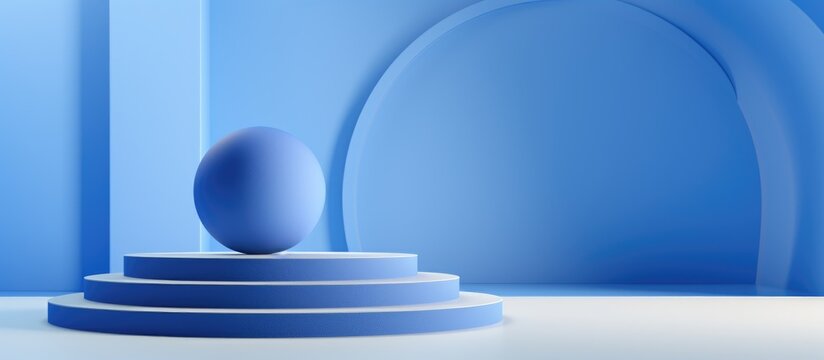 An electric blue egg rests on a porcelain dishware atop a circular blue serveware. The sky meets the horizon, creating a serene backdrop for this gasfilled object