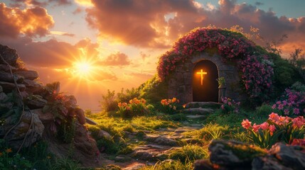 Sunrise at an open tomb with a glowing cross. Entrance framed by blooming flowers. Symbolizing Jesus Christ's resurrection. Concept of Easter, resurrection, and new beginnings. Cave with a cross. - obrazy, fototapety, plakaty