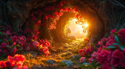 Cave opening surrounded by blooms with the sun rising in the background. Floral archway leading to a sunlit horizon. Concept of new beginnings, rebirth, nature's frame, hope, and the warmth of dawn. - obrazy, fototapety, plakaty