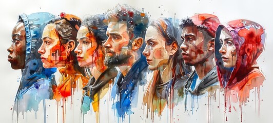 Different human faces in profile in row. Watercolor art. Concept of elections, equal voting rights, multicultural society, voter diversity, and inclusive politics. White background. Wide banner - obrazy, fototapety, plakaty