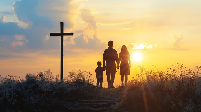 Family walking towards a cross at sunset. Silhouettes of a family and cross against a setting sun. Concept of family faith, Easter, hope, togetherness, unity in belief, and Christian values.