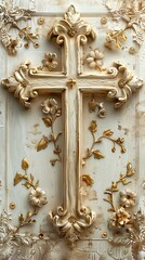 Luxurious Gold-ornate cross set against textured backdrop. Concept of rich spirituality, faith, heavenly grace, Lent, religious, Easter celebration, resurrection. Art. Vertical format