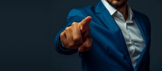 Businessman in suit pointing finger at you on blue background Generative AI - obrazy, fototapety, plakaty