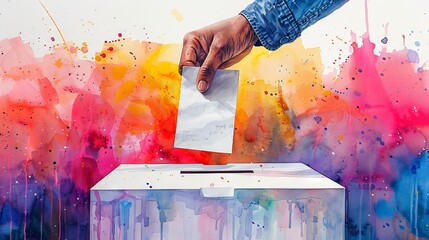 Watercolor illustration of African American male hand placing a ballot into a voting box. Black man voting. Voter. Concept of presidential elections, democracy, diversity, artwork. Aquarelle