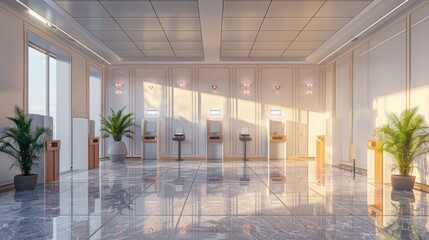 Empty polling place with privacy voting booths. Concept of elections, transparent democracy, privacy for voters, and accessible voting.