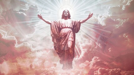Jesus Christ with outstretched arms among clouds. Divine figure in a radiant, heavenly setting. Concept of faith, spirituality, Easter, resurrection, Christian beliefs, and religious art.