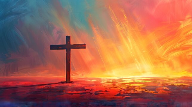 Abstract cross against dramatic sunset sky. Bold brushstrokes, vivid colors. Concept of Easter greetings, celebration, resurrection joy, religious, natural burial, memorial. Art. Card. Copy space