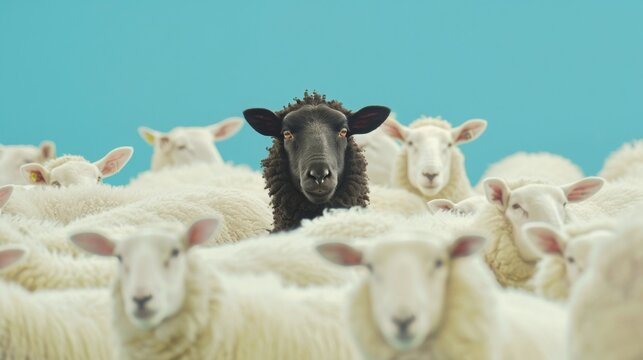 white sheeps with one black sheep in the middle of the frame, blue background, concept: Black Sheep effect, copy space, 16:9
