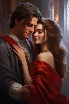 Man and woman embracing tenderly. Romantic couple in historical attire. King and Princess. Concept of period romance, historical drama, royal love story. Cover for women's romance novel. Vertical.