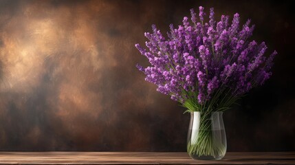 a vase filled with purple flowers sitting on top of a wooden table in front of a brown and black wall.