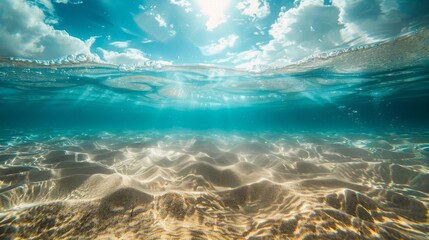 ocean beach sand scenery, calm, relaxing, underwater photography, ground level view, copy space, 16:9
