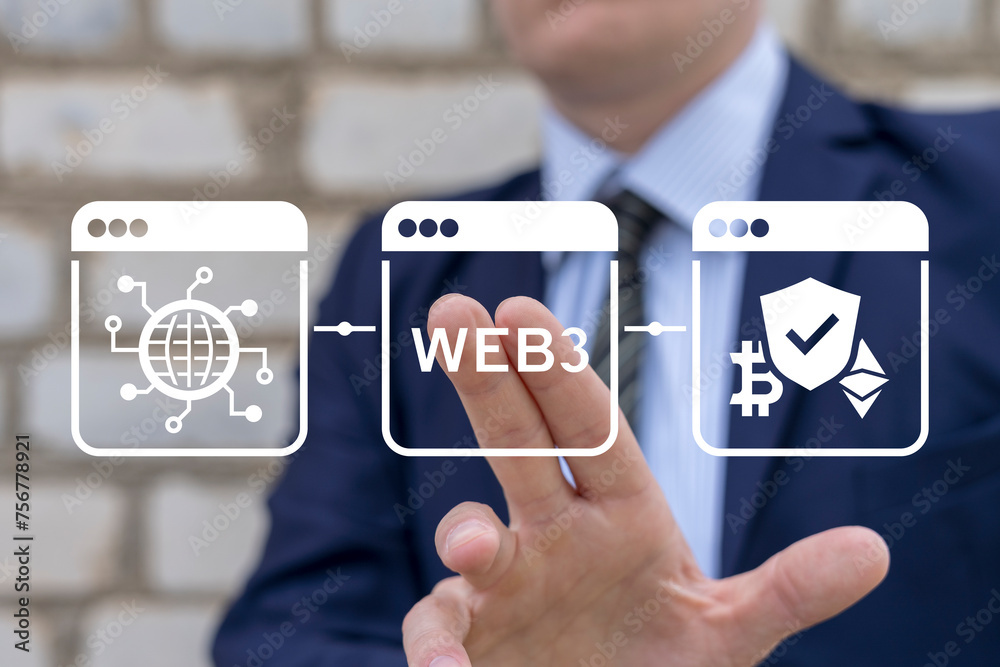 Poster business man using virtual touch screen presses inscription: web3. web 3.0 concept. seo web developm