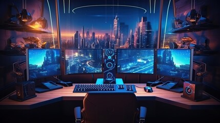 Gamer room setup with large computer screen and colorful neon lights.