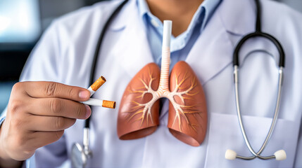 A doctor wearing a lab coat and stethoscope holding a broken cigarette in front of a model of healthy lungs.