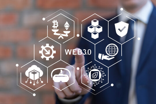 Businessman using virtual touchscreen presses inscription: WEB3.0. Web 3.0 concept. SEO web development and decentralized internet. WEB3 technology.