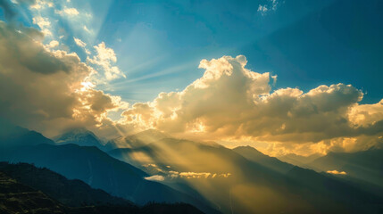 Nature's Majesty: A breathtaking landscape photograph of a mountain range bathed in golden sunlight, with clouds parting to reveal a clear blue sky above. Generative AI - obrazy, fototapety, plakaty