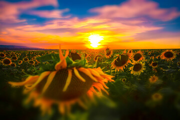 awesome summer floral nature scenery, blooming yellow sunflowers on the field, Provence, France,...