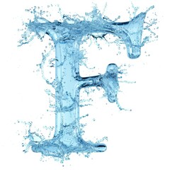 Latin letter F, texture of water, ice and splashes on white background. Close-up of one isolated large letter F.