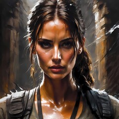Analog style, Lara Croft from Tomb Raider, perfect face, sexy face, detailed pupils, character portrait, Impressionist brushstrokes, defiant pose, smirk. Generative AI - obrazy, fototapety, plakaty