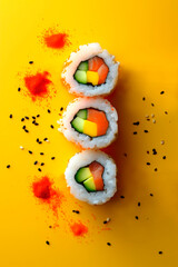 Obraz premium A set of fresh sushi rolls with salmon, avocado and black sesame seeds on bright background. Japanese food.