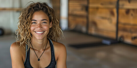 Beautiful smiling professional female yoga instructor in a fitness center in sportswear looking ahead.