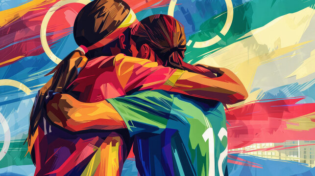  Olympic Spirit: A heartwarming image capturing the camaraderie and sportsmanship of athletes from around the world, embracing each other in friendship and solidarity. Generative AI
