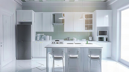 Elegant Modern Kitchen with Island, Bright Interior, and Luxurious Wooden Floor