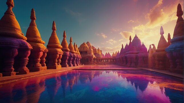 Beautiful view of an Indian temple with reflection in the water. Holi holiday concept.