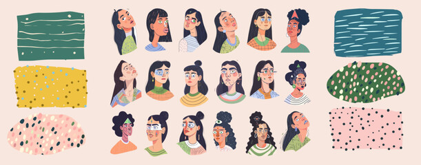 Obraz premium Collage of diverse female portraits paired with playful abstract patterns, celebrating beauty and individuality.