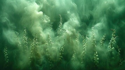 a close up of a bunch of plants with green smoke coming out of the top of the plants in the background.