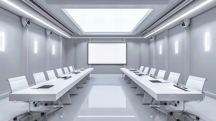 Professional Conference Room Ready for Business Meetings with Modern White Furniture and Empty...