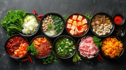 Chinese hotpot with broth, meat, vegetables in bowls, top view, traditional food, national dish, Asian cuisine, China, greens, plates, delicious