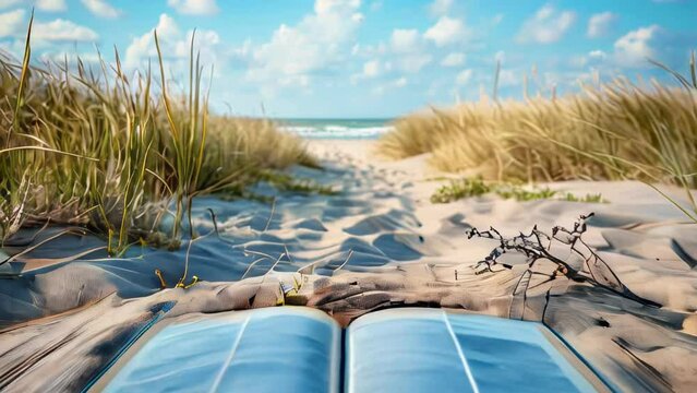 Open book on the beach with sand dunes and blue sky background
