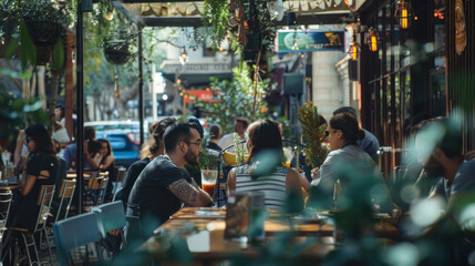 Socializing and Community: A candid photo capturing a diverse group of friends or colleagues enjoying each other's company at a café, restaurant, or park. Generative AI