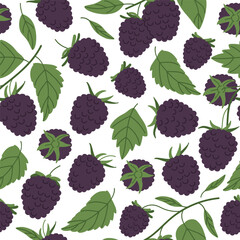 Blackberries seamless pattern. Forest blackberry endless design, fresh berry for healthy nutrition flat vector background illustration. Hand drawn blackberry pattern