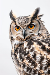 Obraz premium A large owl with yellow eyes stares at the camera