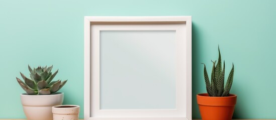 A rectangular wooden picture frame with glass is displayed on a table beside houseplants in flowerpots. The hardwood frame complements the natural materials of the plants - obrazy, fototapety, plakaty