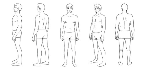 Outline anatomical body full length of a man, front, side, 3-4 and back view, vector illustration. Body isolated on white