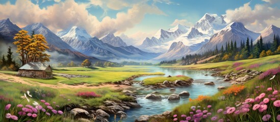 A scenic painting of a river flowing through a valley with mountains in the background, showcasing the beauty of natural landscapes and fluvial landforms