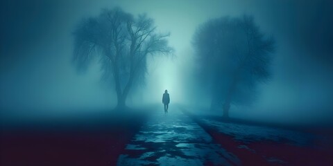 A solitary figure walks along a foggy park trail at night. Concept Nighttime Photography, Solitude, Foggy Atmosphere, Park Trail, Figure Reflection