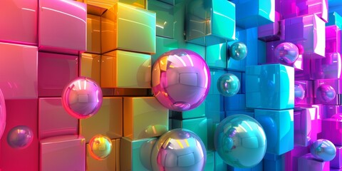 A colorful wall of cubes with shiny balls in the middle - stock background.