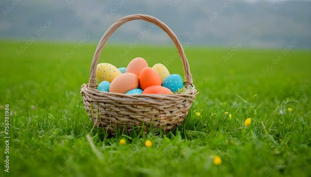 Sticker basket of easter eggs in the middle of green field. copy space banner for website created with gener