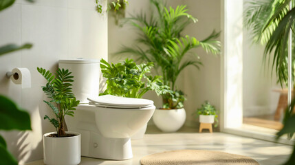 Fototapeta na wymiar Empty modern bathroom interior design with white WC toilet bowl and houseplants in pots. Sunlight coming through the window, clean sanitary decor and hygiene indoors. Nobody, copy space, paper roll