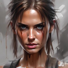Analog style, Lara Croft from Tomb Raider, perfect face, sexy face, detailed pupils, character portrait, Impressionist brushstrokes, defiant pose, smirk. Generative AI - obrazy, fototapety, plakaty