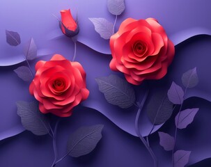 Beautiful Socialist Still Life Two Red Roses on a Vibrant Purple Background, Paper Cut Art Style