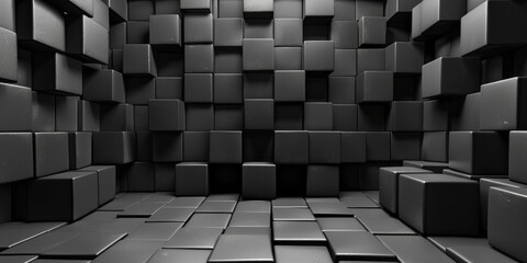 A black and white photo of a room with many black cubes - stock background.