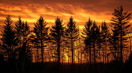 Fototapeta na wymiar Sunset Silhouette: Photograph the silhouette of trees against the warm hues of a sunset sky, with the last rays of sunlight casting long shadows and illuminating the forest in a golden glow.